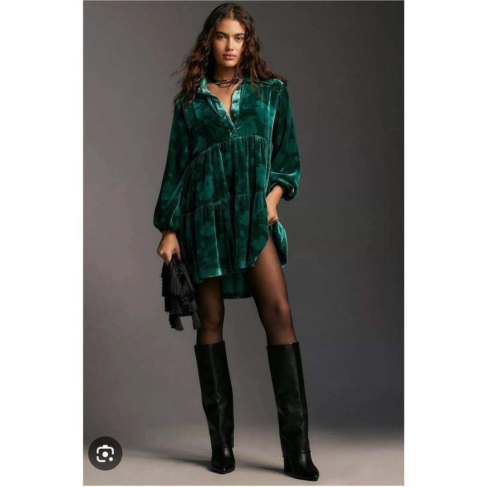 Anthropologie Maeve Emerald Green Velvet Bettina Tiered Mini Shirt Dress XL